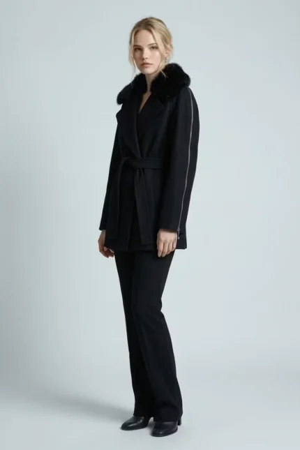 Yakası kürklü siyah kaban